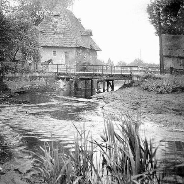Unter einer Brücke, die von einem Pferdegespann überquert wird, fließt ein Fluss. An der Brücke steht ein Haus, ansonsten ist die Natur unberührt.